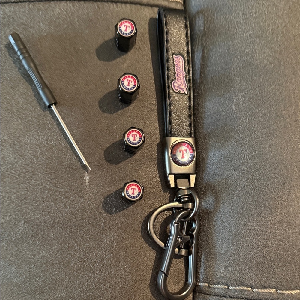 Texas Rangers Keychain and Tire Valve Caps Set